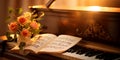 Close up of an elegant grand piano with warm sunlight, luxury, romantic scenery, music instrument