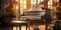 Close up of an elegant grand piano with warm sunlight, luxury, romantic scenery, music instrument