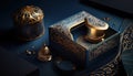 Close up with elegant islamic artistry gift box in blue and gold color