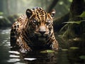 An elegant jaguar stalking in a swampy water