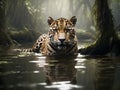 An elegant jaguar stalking in a swampy water