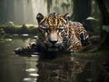 An elegant jaguar stalking in a swampy water