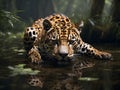 An elegant jaguar stalking in a swampy water