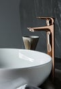 Close-up of an elegant rose golden faucet in the bathroom sink next to stylish decorations. A beautiful sink with a Royalty Free Stock Photo