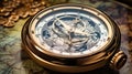 A close-up of an elegant watch displaying foreign time zones, placed beside an antique compass