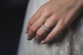 Close up of elegant wedding ring on female hand