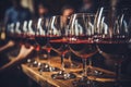 Close-up of elegant wine glasses on a beautifully crafted bar counter in a luxurious ambiance