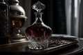 close-up of elegantly crafted decanter with glass stopper and fine wine