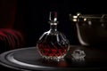 close-up of elegantly crafted decanter with glass stopper and fine wine