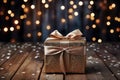 Close up of an elegantly wrapped present with a glistening bow on a winter themed table, christmas wallpaper, AI Generated