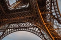 Close-up Element Part Of Eiffel Tower In Paris Against Dramatic Twilight Sky At Evening Summer Time