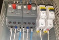 Close-up elements of electrical switchgear. Automatic electrical switches in working position. Selective focus Royalty Free Stock Photo