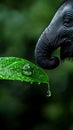 A close up of an elephant's nose with water droplets on a leaf Royalty Free Stock Photo