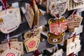 Close up Ema are small wooden plaques, common to Japan, in which Shinto and Buddhist worshippers write prayers or wishes. Royalty Free Stock Photo