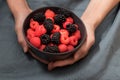 Female hands holding a bowl full of blackberries and raspberries Royalty Free Stock Photo