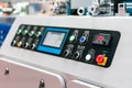 Close up emergency push button and display control panel of modern and high technology of automatic publication or printing Royalty Free Stock Photo