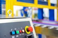 Close up of emergency switch and pilot lamps on robot conroller panel of automation machine. Royalty Free Stock Photo