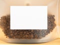 Close-up empty blank white label template on frosted plastic bag coffee beans packaging.