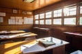 close-up of empty classroom, with books and papers on the desks, wooden paneling on the walls, and sunlight streaming in Royalty Free Stock Photo