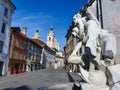 CLOSE UP: Empty streets surround a beautiful fountain in Ljubljana on sunny day