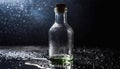 Close up of empty glass bottle on wet surface with dark background