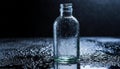 Close up of empty glass bottle on wet surface with dark background