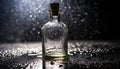 Close up of empty glass bottle on wet surface with dark background