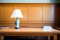 close-up of an empty library desk with a single table lamp