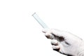 Close-up. Empty medical or laboratory test tube in the right male hand. White rubber glove. Isolated background. Royalty Free Stock Photo