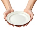 Close-Up of Empty Plate Held by Hands Isolated on White Background Royalty Free Stock Photo