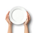 Close-Up of Empty Plate Held by Hands Isolated on White Background Royalty Free Stock Photo