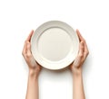 Close-Up of Empty Plate Held by Hands Isolated on White Background Royalty Free Stock Photo