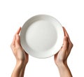Close-Up of Empty Plate Held by Hands Isolated on White Background Royalty Free Stock Photo