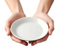 Close-Up of Empty Plate Held by Hands Isolated on White Background Royalty Free Stock Photo