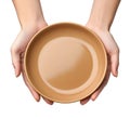Close-Up of Empty Plate Held by Hands Isolated on White Background Royalty Free Stock Photo