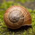 A close-up of an empty snail shell on a moss-covered surface. The shell features a visible spiral Royalty Free Stock Photo