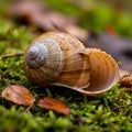 A close-up of an empty snail shell resting on a bed of green moss and surrounded by Royalty Free Stock Photo