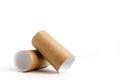 Close-up of empty toilet rolls. Two cardboard paper tubes on white background. Copy space Royalty Free Stock Photo