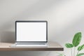 Mpty white laptop on designer office desktop. Decorative plant and concrete wall background. Mock up, advertisement,