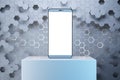 Close up of empty mock up mobile phone with creative gray hexagonal background. Device presentation concept. 3D Rendering