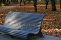 Close - up of an empty wooden bench with fallen leaves in an autumn deserted Park in the evening. Royalty Free Stock Photo