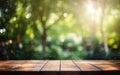 Close up empty wooden table top on blurry bokeh lights garden background, generated ai Royalty Free Stock Photo