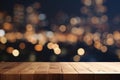 Close up empty wooden table top on blurry bokeh lights interior background, generated ai Royalty Free Stock Photo