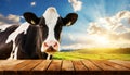 Empty Wooden Table and a Dairy Cow on a Countryside Landscape - Generative Ai Royalty Free Stock Photo