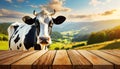 Empty Wooden Table and a Dairy Cow on a Countryside Landscape - Generative Ai Royalty Free Stock Photo