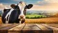 Empty Wooden Table and a Dairy Cow on a Countryside Landscape - Generative Ai Royalty Free Stock Photo