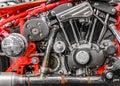 Close-up of an engine on a chopper bike. Horizontal side view of Royalty Free Stock Photo