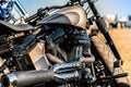 Close-up of the engine of a custom chopper motorcycle. Royalty Free Stock Photo