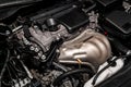 Close-up of the engine, front view. Internal combustion engine, car parts, deteyling, Soft focus Royalty Free Stock Photo