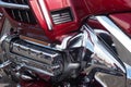 Close up of the engine of a modern red honda gold wing 1800 cc luxury touring motorbike